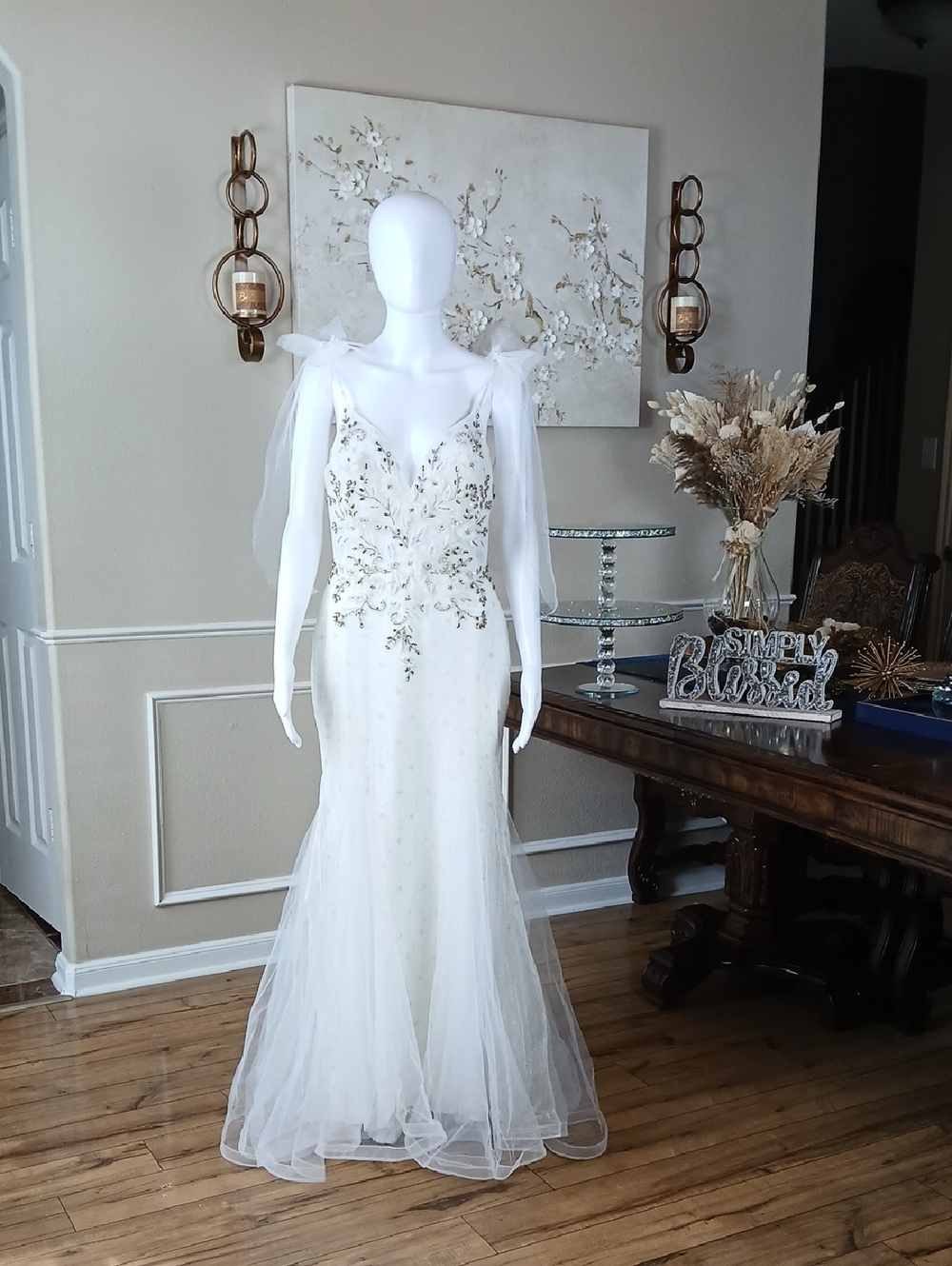Mac Duggal White And Gold Crystals Tulle Bridal Mermaid Gown with Bow Straps - Picture 10 of 16
